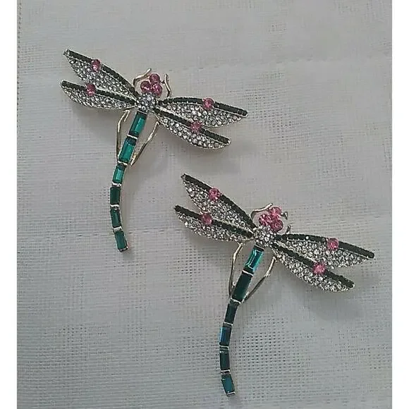 Oversized Dragonfly Brooch Pin Golden Tone Green Enamel Scarf Clip - Picture 1 of 5